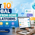 Infographic titled Best 10 Global Work-From-Home Job Platforms showing a person at a laptop and a world map in the background.
