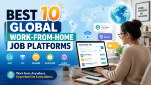 Infographic titled Best 10 Global Work-From-Home Job Platforms showing a person at a laptop and a world map in the background.