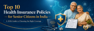 Banner advertising: 'Top 10 Health Insurance Policies for Senior Citizens in India' with a blue background, elderly couple, shield symbol, and policy book illustration.