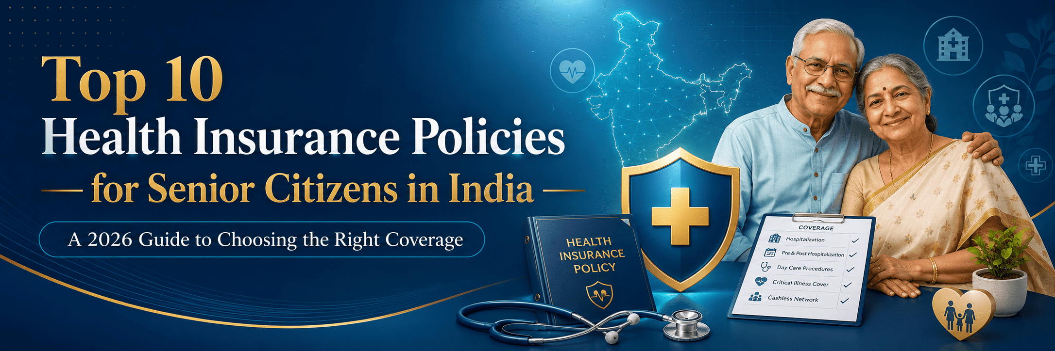 Banner advertising: 'Top 10 Health Insurance Policies for Senior Citizens in India' with a blue background, elderly couple, shield symbol, and policy book illustration.