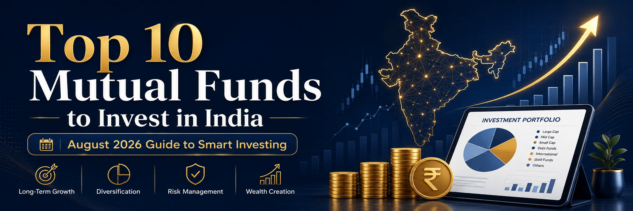 Top 10 mutual funds to invest in India with August 2026 guide banner, displaying coins, tablet and rising chart visuals.