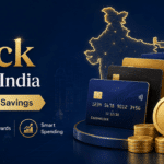 Banner advertising 'Top 10 Cashback Credit Cards in India' with gold typography, stacked cards, coins, and a cashback mobile dashboard.