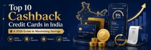 Banner advertising 'Top 10 Cashback Credit Cards in India' with gold typography, stacked cards, coins, and a cashback mobile dashboard.