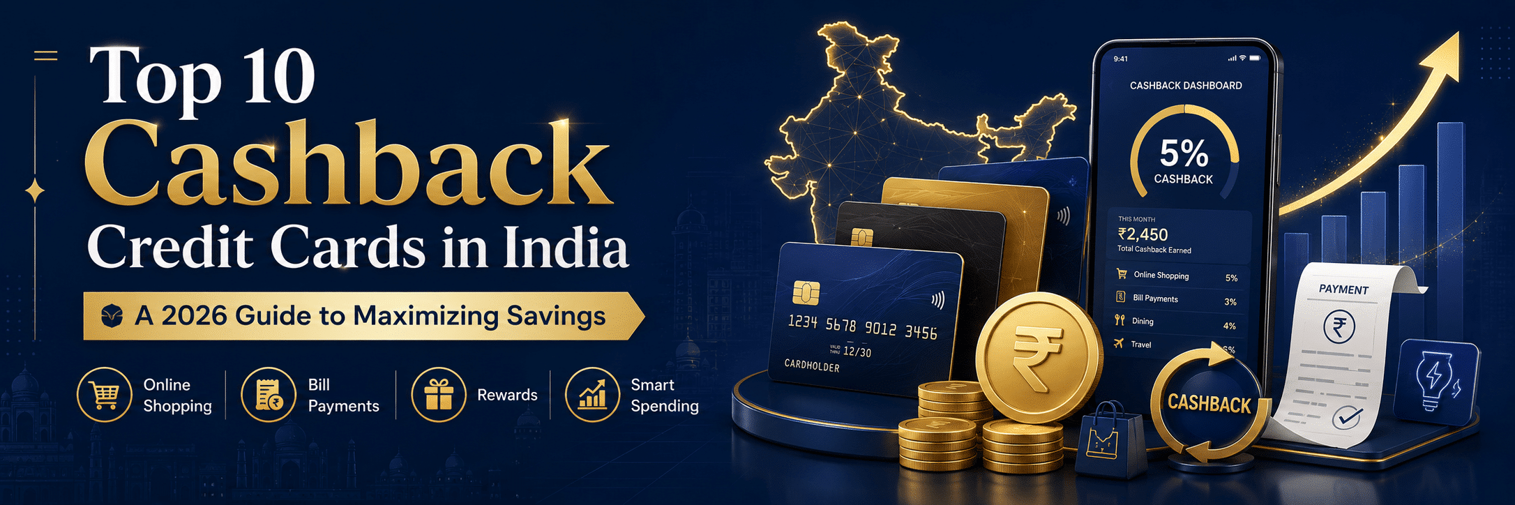 Banner advertising 'Top 10 Cashback Credit Cards in India' with gold typography, stacked cards, coins, and a cashback mobile dashboard.